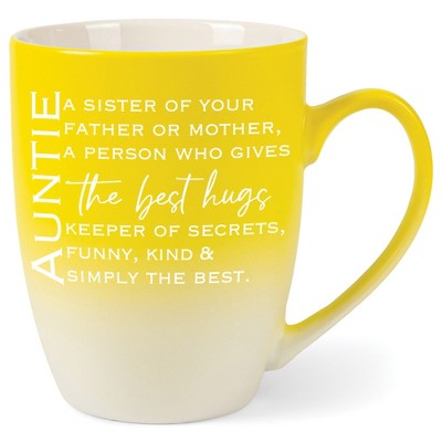 Auntie: Sister Of Your Far Or Mor, Gives Best Hugs Two Toned Matte Yellow White 12 ounce Ceramic Stoneware Coffee Cup Mug