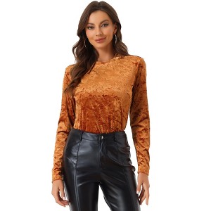 INSPIRE CHIC Women's Casual Vintage Velvet Crew Neck Long Sleeve T-shirts - 1 of 4