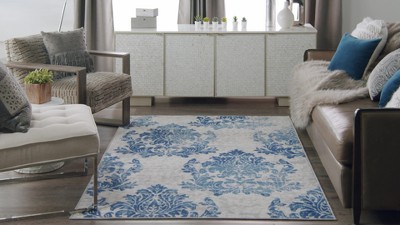 Ivory Navy Floral Damask 6' x 9' Synthetic Reversible Area Rug