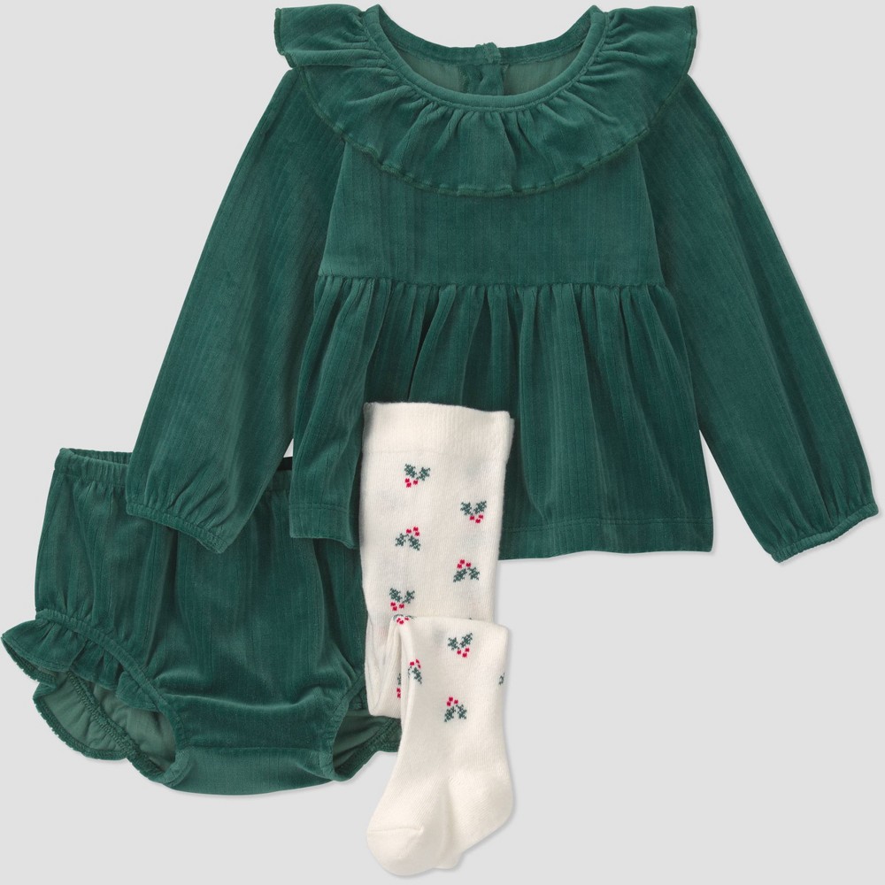 Carter's Just One You® Baby Girls' Holiday Velvet Ruffle Dress with Holly Tights - Green 3M