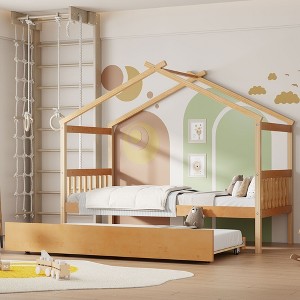 Twin Size Wooden House Bed with Twin Size Trundle - 1 of 4