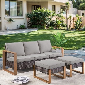 Gymojoy 3 Pieces Outdoor Patio Sofa Chair Ottoman Wicker Rattan Sofa Ottoman Set - 1 of 4