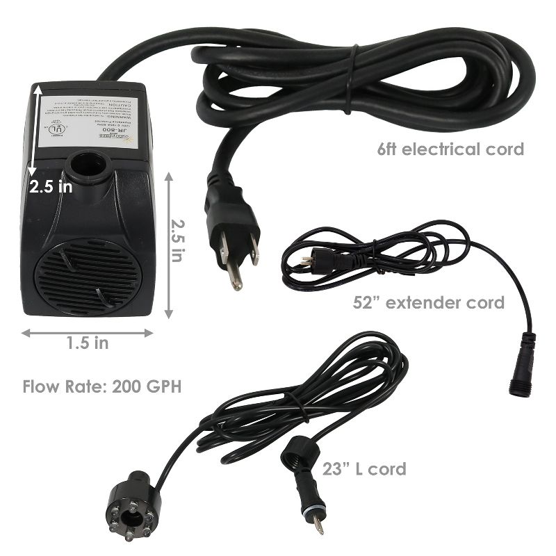 Sunnydaze Indoor/Outdoor Small Fountain or Aquarium Pump with White LED Light and Transformer - 200 GPH - 12 Volts, 2 of 7