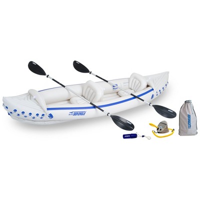 Sea Eagle 370 Deluxe 2 Person Inflatable Portable Sport Kayak Canoe with Paddles, 2 Moveable Seats, Foot Pump, and Carry Bag