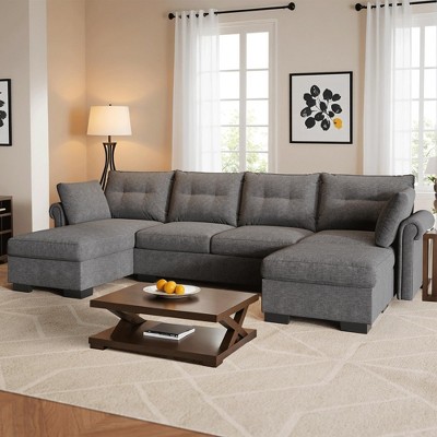 XIZZI 4-Piece Chenille Sofa Set with Large Chaise & Ottoman - Modern Sectional Sofa in White/Beige/Gray/Black, with Round/Square/Sloped Armrest