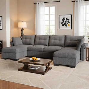 XIZZI 4-Piece Chenille Sofa Set with Large Chaise & Ottoman - Modern Sectional Sofa in White/Beige/Gray/Black, with Round/Square/Sloped Armrest - 1 of 4