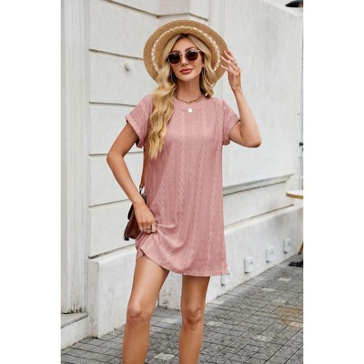 Coolmee Women Casual Crewneck Loose Cap Short Sleeve Textured Mini Dress With Pockets