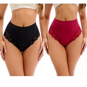 INSPIRE CHIC 2 Pcs Women's Lace Trim High-Waisted Briefs Tummy Control Underpants - 1 of 4