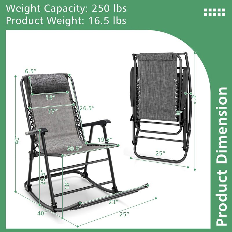 Costway Folding Zero Gravity Rocking Chair Outdoor Patio Headrest Turquoise\ Grey, 4 of 11