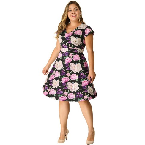 Agnes Orinda Women's Plus Size Regular Fit Deep V Neck Above Knee Cap  Sleeve Floral Dress Black 2X