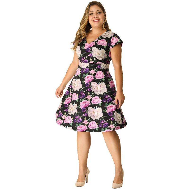 Agnes Orinda Women's Plus Size Regular Fit Deep V Neck Above Knee Cap Sleeve Floral Dress, 1 of 8