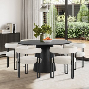 7-Piece Round Dining Table Set with 6 Upholstered Chenille Chairs, 52” Modern Pedestal Table with Metal Leg Dining Chairs for Kitchen-Maison Boucle - 1 of 4
