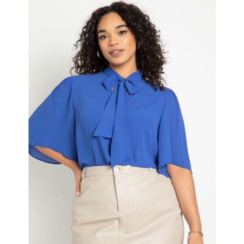 Eloquii Women’s Plus Size Bow Blouse With Flutter Sleeve, 14 - Cobalt ...