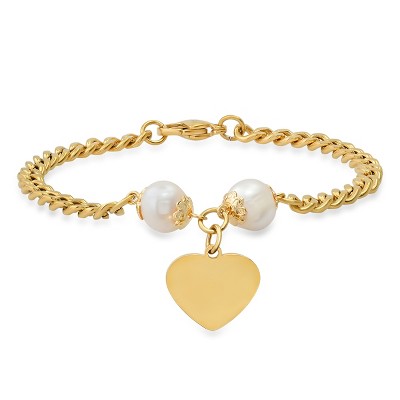 Steeltime Ladies stainless steel freshwater pearls and heart charm cuban link chain bracelet. Color Options: Silver, Gold