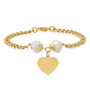Steeltime Ladies stainless steel freshwater pearls and heart charm cuban link chain bracelet. Color Options: Silver, Gold - 1 of 4
