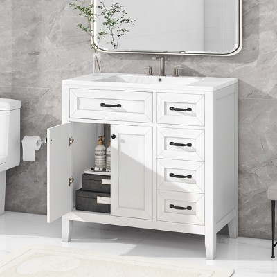 LOVMOR Bathroom Vanity with Ceramic Sink, Doors & Drawers, Modern Bathroom-Storage Cabinet, Solid Wood Frame Set
