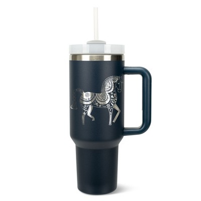 Elanze Designs 40 Ounce Travel Tumbler With Straw and Lid Stainless Steel Double Wall Insulated Majestic Floral Horse Navy Blue