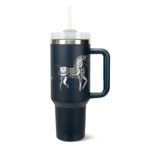 Elanze Designs 40 Ounce Travel Tumbler With Straw and Lid Stainless Steel Double Wall Insulated Majestic Floral Horse Navy Blue - 1 of 4