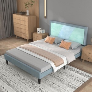 Full Size Heavy Duty Bed Frame with Steel Slats, Adjustable Height Headboard, No Box Spring Needed Easy Assembly,beige - 1 of 4