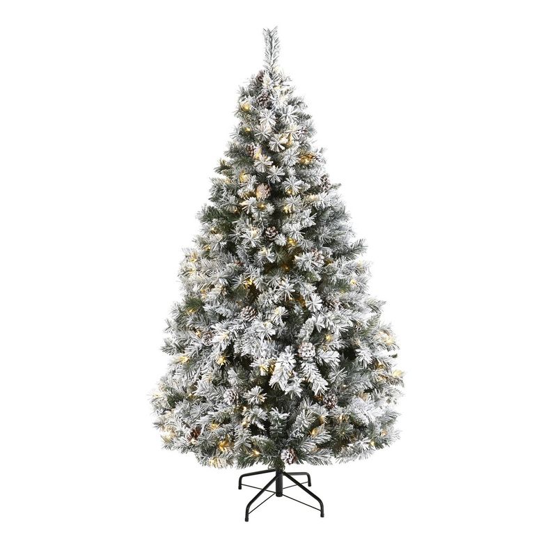 6ft Nearly Natural Pre-Lit LED Flocked White River Mountain Pine with Pinecones Artificial Christmas Tree Clear Lights, 1 of 9