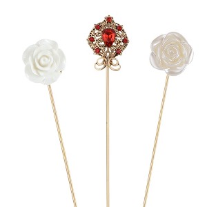 Anna-Kaci Vintage 3Pcs Long Stick Hat Pins Crystal Flower Butterfly and Pearl Details for Classic Hat Lapel and Scarf Accessorizing - 3pcs Rose - 1 of 4