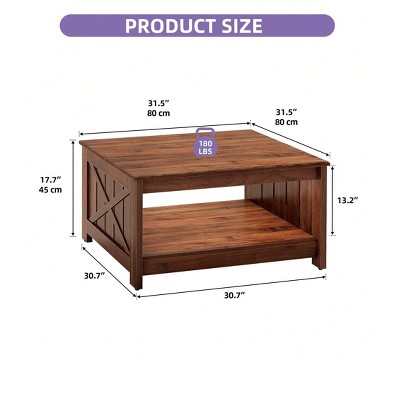 Farmhouse Square Coffee Table Cocktail Center Table with Bottom Shelf For Living Room Organizer Brown