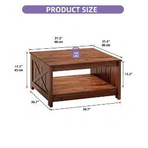 Farmhouse Square Coffee Table Cocktail Center Table with Bottom Shelf For Living Room Organizer Brown - 1 of 4