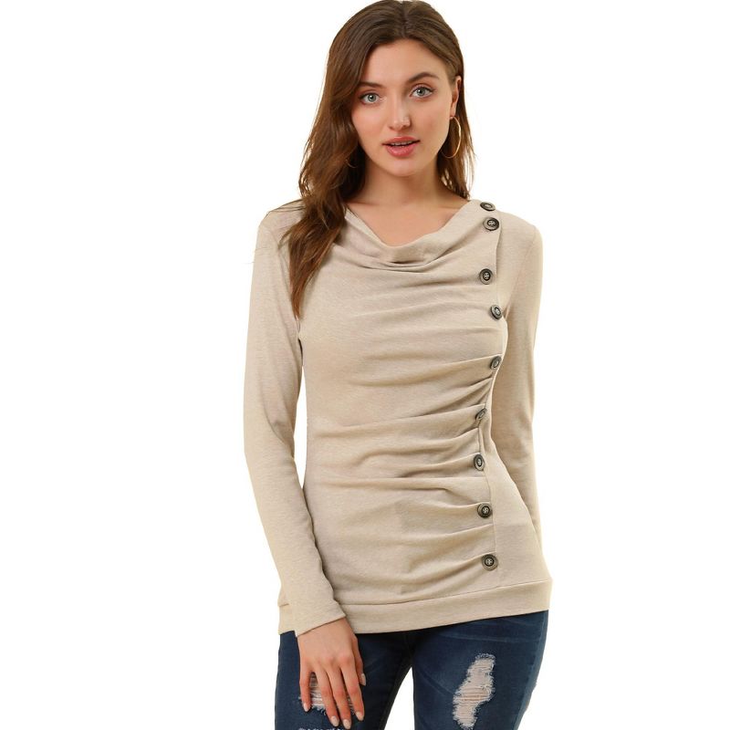 Allegra K Women's Cowl Neck Long Sleeves Buttons Decor Ruched Top, 1 of 8