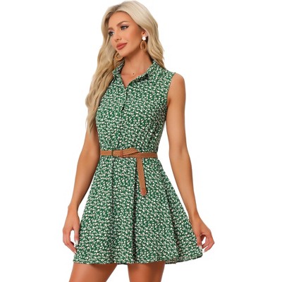INSPIRE CHIC Women's Floral Sleeveless Half Placket Mini Belted Summer Dress