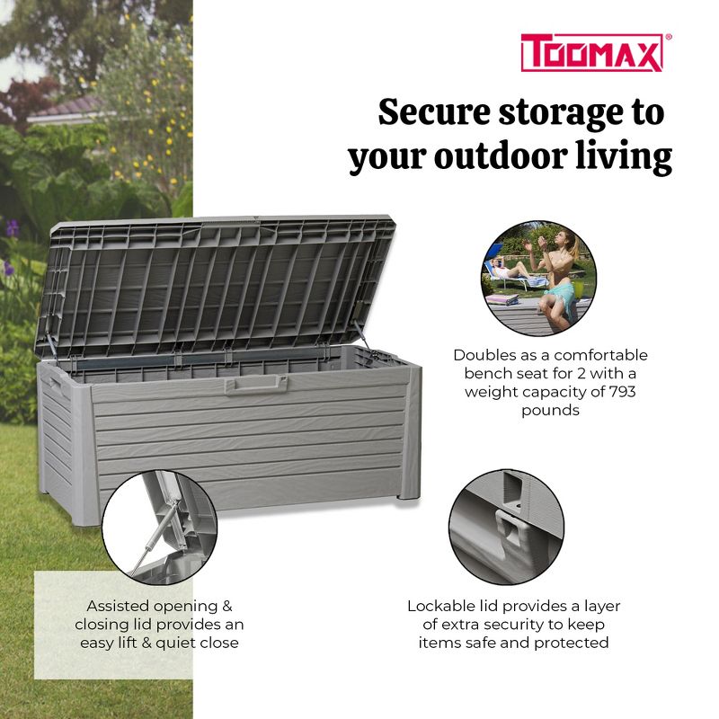 Toomax Florida UV Resistant Lockable Deck Storage Box Bench for Outdoor Pool Patio Garden Furniture & Indoor Toy Bin Container, 145 Gallon (Warm Grey), 4 of 7