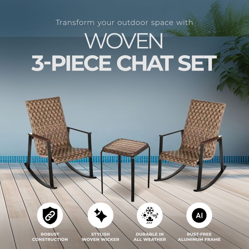 Four Seasons Courtyard Bayside 3 Piece All Weather Outdoor Wicker Woven Chat Furniture Set with 2 Rocking Chairs and Table, Brown, 2 of 7