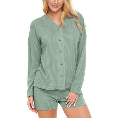 ADR Women's Pajamas Set, Soft Ribbed Knit Waffle Pajamas Lounge Set, Long Sleeve Sweater Top Shirt and Shorts