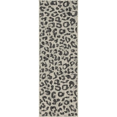 Light Gray and Black Abstract Animal Print Outdoor Runner Rug