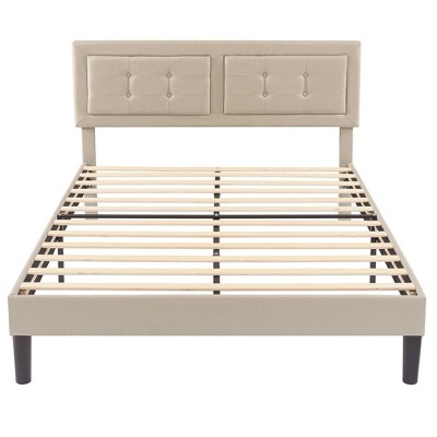 Vecelo Beige Upholstered Bed Wood And Metal Frame Queen Platform Bed ...