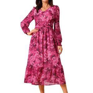 INSPIRE CHIC Women's Long Sleeve Floral V Neck Boho Ruffle Tiered Flowy Chiffon Midi Dress with Pocket - 1 of 4