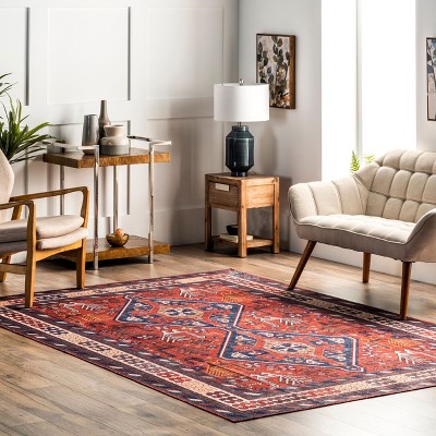 Stella Red and Ivory Synthetic 5x8 Machine Washable Area Rug