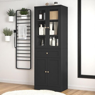 Tall Bathroom Storage Cabinet with Glass Doors, 1 Drawer, Adjustable Shelf & Multi-Tier Storage, Black, 14.5" Wide