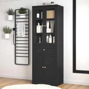 Tall Bathroom Storage Cabinet with Glass Doors, 1 Drawer, Adjustable Shelf & Multi-Tier Storage, Black, 14.5" Wide - 1 of 4
