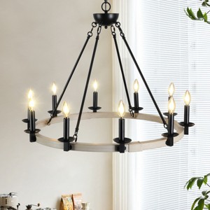 BAOURE 31.5in Black Rustic Farmhouse Candle Chandelier, Round Hanging Light Fixture for Dining Room, Kitchen, Living Room, E12 Bulb Base - 1 of 4
