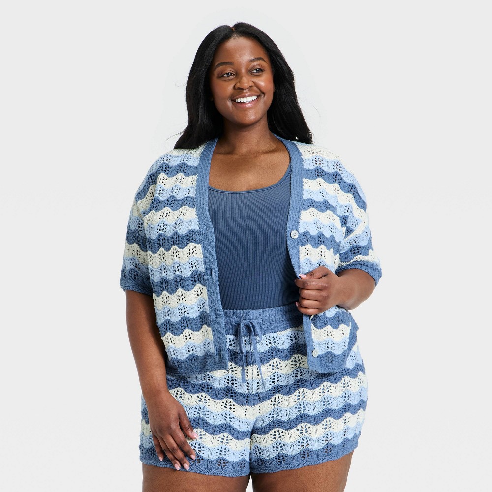 Women's Short Sleeve Cardigan Sweater - Universal Thread™ Blue Striped 4X