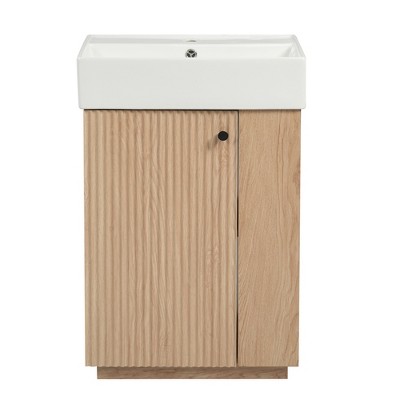 Vynxaria 21.6-Inch Wood Bathroom Vanity - Ceramic Sink, Left-Door Cabinet, Open/Closed Storage, MDF Wood Grain - For Small Bathrooms