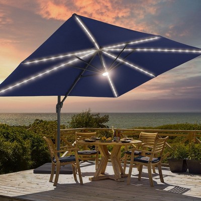 Sonkuki 11.5x9FT Outdoor Patio Solar LED Cantilever Umbrella Aluminium Pole w/Base, 360°Rotation and Canopy Angle Adjustment