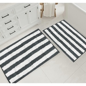 Home Mart Goods Large 2 Piece Set Charcoal Grey White Stripe Soft Cozy Plush Chenille Bath Mat Bathroom Rug - 1 of 4