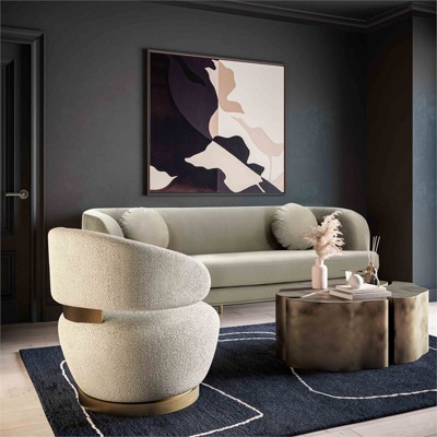 Beige Velvet Barrel Swivel Chair with Brass Base