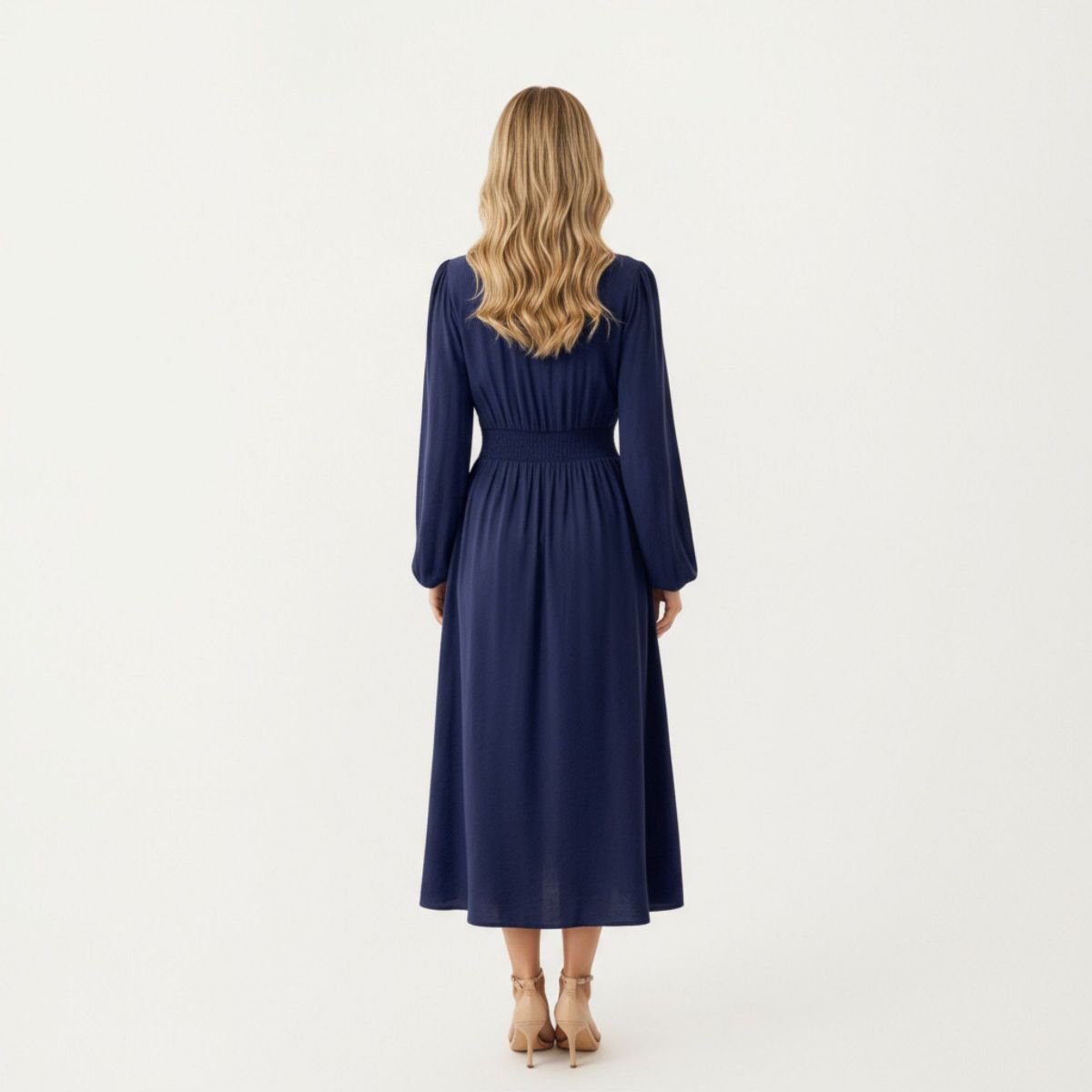 Anna-Kaci Women's Long Sleeve Embroidered Midi Dress with Smocked Waist and V-Neckline - thumbnail 3