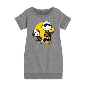 - Peanuts - Charlie And Snoopy Skeleton Graphic Short Sleeve Fleece Dress - 1 of 4