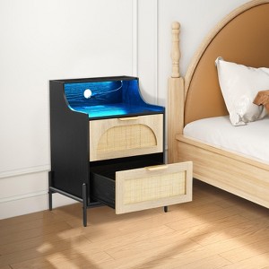 RGB LED Nightstand with Outlets & USB - Adjustable Color Lighting Bedside Table,Rattan Side Table with 2 Drawers Storage - 1 of 4