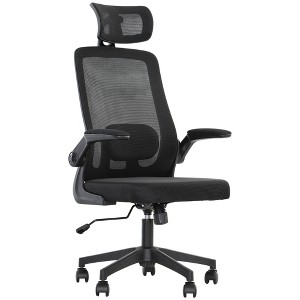 HOMCOM Mesh Office Chair, Ergonomic Desk Chair with Flip-up Armrest, Rotatable Headrest, Adjustable Lumbar Support, Black - 1 of 4