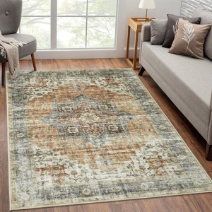 9x12 Area Rug Washable, Low-Pile Rug with Non-Slip Rubber Backing, Boho Vintage Style, Ideal for Bedroom Living Room Home Office Playroom, Blue - 1 of 4