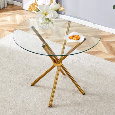 NicBex Modern Simple Dining Table with Ring-Shaped Gathered Silver Metal Legs, 36.6" Round Table with Circular Transparent Tempered Glass